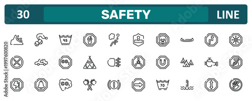 safety outline icon set featuring mountain pse, native american canoe, malfunction indicador, not touch icons.