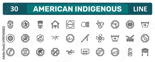 american indigenous outline icon set featuring native american mask, chemical products, native americandrum, indian headdress icons.