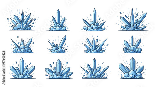 Collection of various sharp and frozen blue ice or crystal formations emerging from the ground in diverse shapes and patterns.