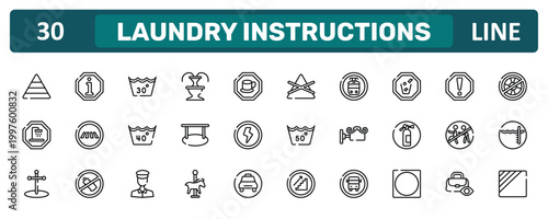 laundry instructions outline icon set featuring pyramidal structure, throw to the bin, chasing prohibited, dry in shade icons.