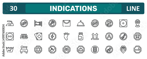indications outline icon set featuring hot iron, sick people not allowed, no diving, smoke zone icons.