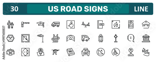 us road signs outline icon set featuring father and child, fire triangular, information, slip icons.
