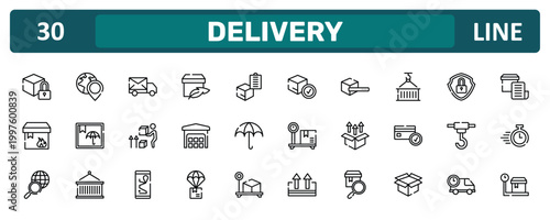 delivery outline icon set featuring locked pack, use hook, container hanging, weighting icons.