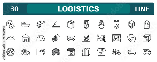 logistics outline icon set featuring flammable box, use hooks, 24 hours phone service, food logistics icons.