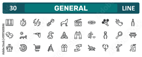 general outline icon set featuring hob, daisy bouquet, magnifiying glass, fire estinguisher icons.