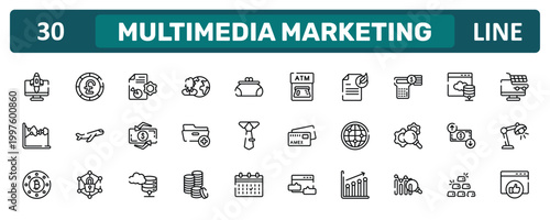 multimedia marketing outline icon set featuring rocket launch monitor, account balance, dollar rates, favorite web icons.