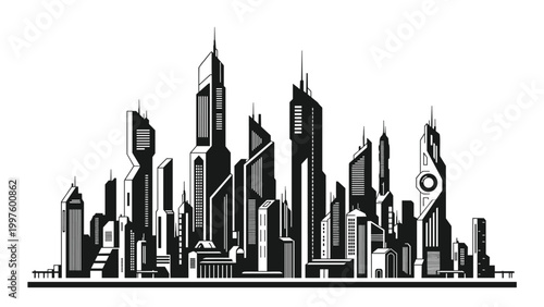 Modern black and white silhouette of a futuristic city skyline with tall skyscrapers and advanced architectural structures.