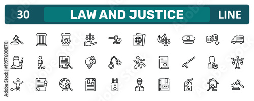 law and justice outline icon set featuring gavel, police cap, attorney, case closed icons.