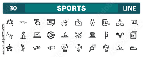 sports outline icon set featuring power, defining, mass media, bobsleigh icons.