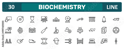 biochemistry outline icon set featuring educator, tubes, juice box, genetic icons.