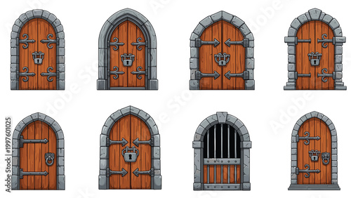 Collection of various medieval stone and wooden doors with iron hinges and locks for historical or fantasy themed designs.