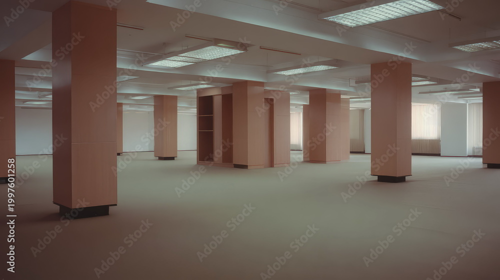 Obraz premium Vacant large open plan office interior with numerous exposed building pillars and fluorescent ceiling lights, presenting a minimalist and somewhat unsettling liminal corporate environment