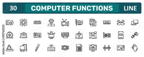 computer functions outline icon set featuring mainboard, rom, solid state drive, trackball icons.