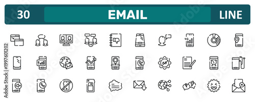 email outline icon set featuring new window, 4g phone connection, phone alarm, failed message icons.