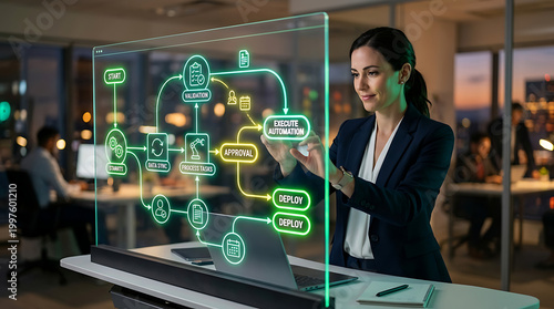Businesswoman interacting with futuristic transparent screen displaying automation process flowchart in modern office