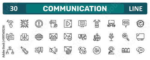 communication outline icon set featuring hear, cupboard, observation, bubble chat icons.