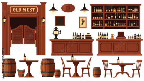 Detailed collection of wild west saloon interior elements including swinging doors, wooden bar counters, bottles, and furniture.
