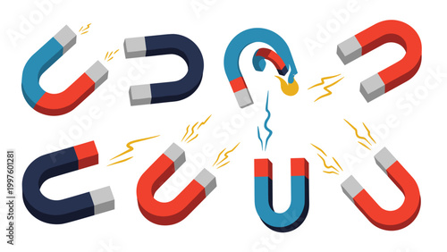 Scientific illustration showing various types of horseshoe magnets with magnetic fields, attraction, and repulsion forces in action.