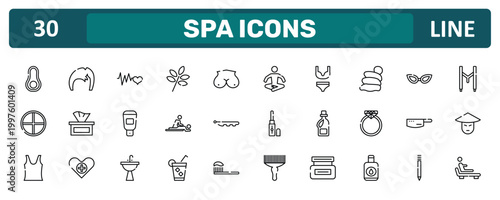 spa icons outline icon set featuring avocado, snail slime, kitchen pack, relaxing icons.