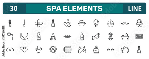 spa elements outline icon set featuring combs, hairy, foam, olive oil icons.