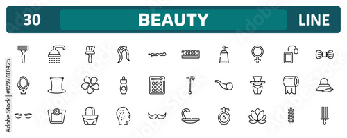 beauty outline icon set featuring shaving razor, femenine, tissue paper, circular comb icons.