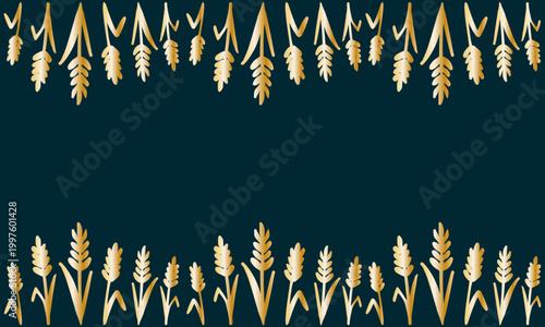 gold wheat ear frame on emerald green background with copy space for luxury greeting card organic food label and harvest design