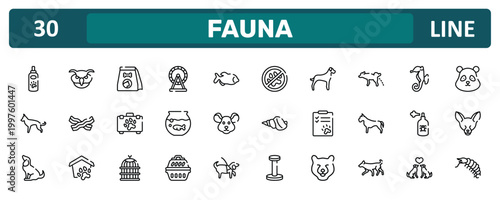 fauna outline icon set featuring pet lotion, dog urinating, spray, big shrimp icons.