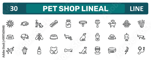 pet shop lineal outline icon set featuring sea urchin, pet disease, sponge filter, leash icons.