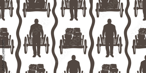 pioneer day handcart seamless pattern with silhouettes of settlers pulling carts with belongings for historical celebration and american heritage design