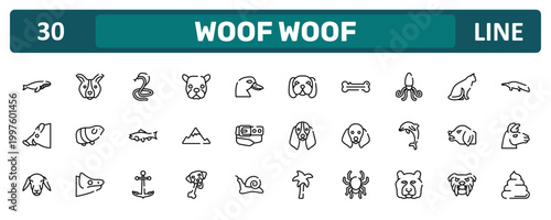 woof woof outline icon set featuring whale swimming, giant squid, angry dog, pile of dung icons.