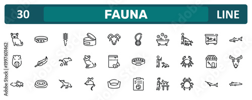 fauna outline icon set featuring cat toy, dog walker, pet grooming, big pike icons.