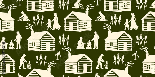 pioneer day seamless pattern with log cabin house silhouettes for settlement land cultivation historical celebration and village life design