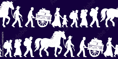 pioneer day people silhouette seamless pattern for historical migration trek with horses and handcarts on dark blue background