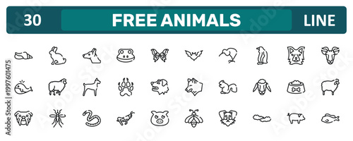 free animals outline icon set featuring seashell conch, sitting penguin, dog food bowl, tropical fish icons.