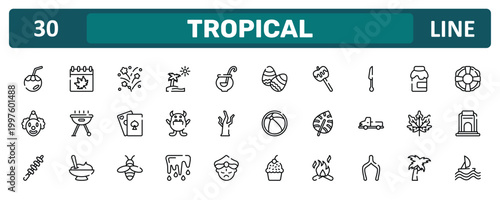 tropical outline icon set featuring coconut water, cutlery, fall, sailing icons.