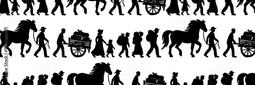 pioneer day people silhouettes seamless pattern with settlers horses and handcarts for american heritage historical migration design