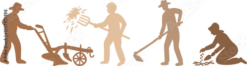 pioneer day farmer silhouettes set with settlers plowing field pitchforking hay and sowing seeds for historical american agriculture design
