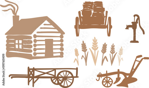 pioneer day silhouettes set with log cabin handcart plow water pump and wheat for historical american settlement and rural life design