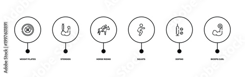 gym outline icon set featuring weight plates, steroids, doping, biceps curl icons.