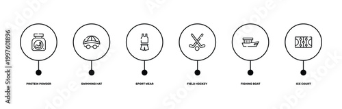 winter sport outline icon set featuring protein powder, swimming hat, fishing boat, ice court icons.