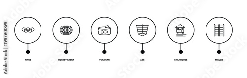 gym equipment outline icon set featuring rings, hockey arena, stilt house, trellis icons.