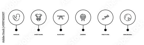 sport outline icon set featuring muscles, chest guard, free flying, bowling ball icons.