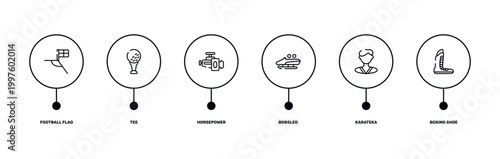 boxing outline icon set featuring football flag, tee, karateka, boxing shoe icons.