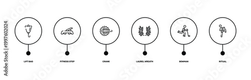 thai boxing outline icon set featuring lift bag, fitness step, bowman, ritual icons.