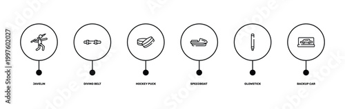 racing outline icon set featuring javelin, diving belt, glowstick, backup car icons.