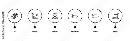 gym equipment outline icon set featuring pit, oil down, push up, cardio icons.