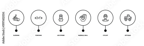 adventure sports outline icon set featuring sledding, punching, cyclist, off road icons.