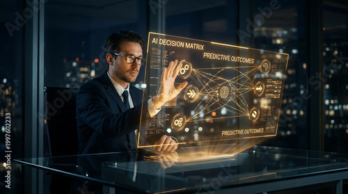 Businessman interacting with ai decision matrix on transparent screen in modern office at night with cityscape background