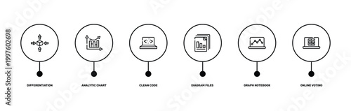 voting outline icon set featuring differentiation, analytic chart, graph notebook, online voting icons.