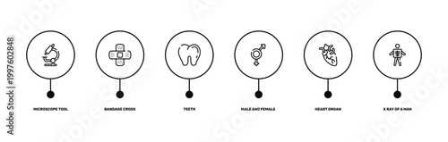 health set outline icon set featuring microscope tool, bandage cross, heart organ, x ray of a man icons.